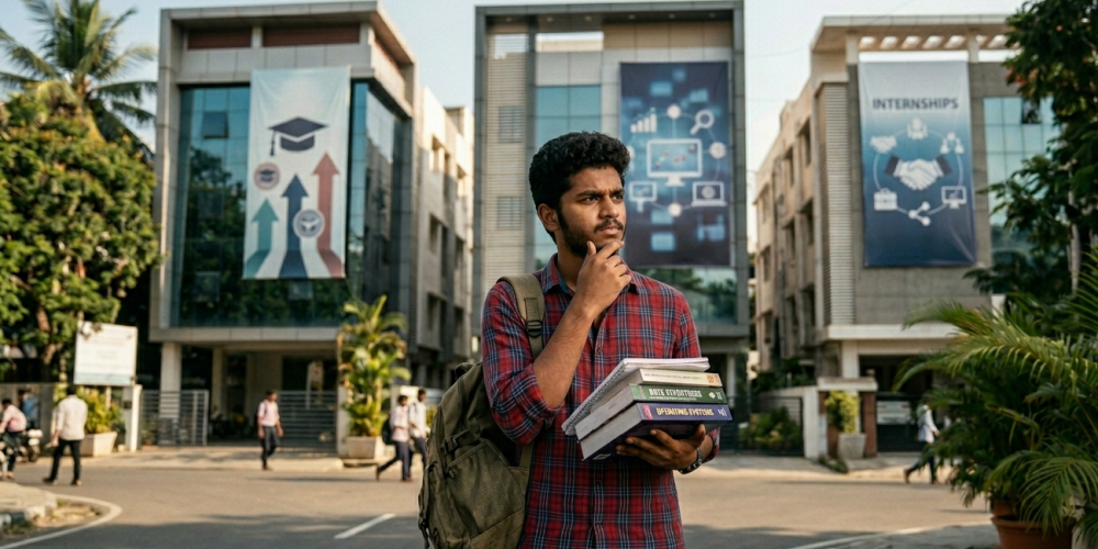 A college student in Coimbatore comparing different Data Analytics Course With Placement options on a laptop.
