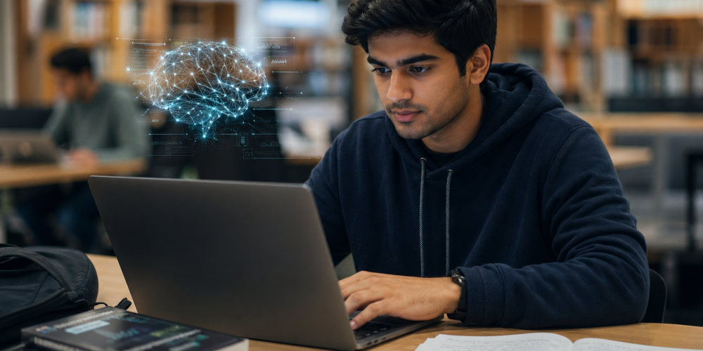 Student studying a data analytics course in Coimbatore at Venster School of Excellence with AI brain visualization.
