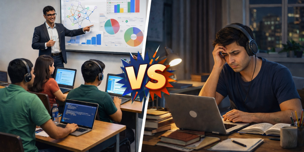 Students exploring data science training with python certification course and hands-on projects for career success