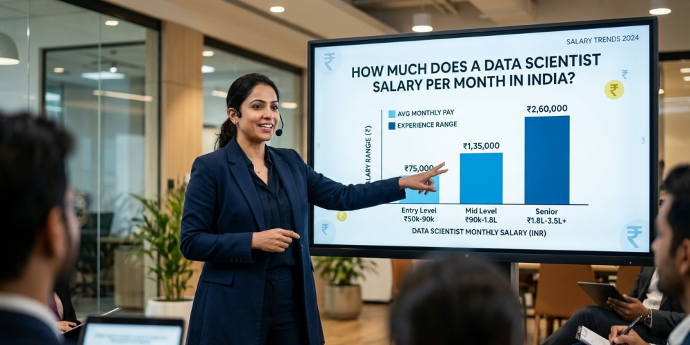 A female data science expert presenting a line graph on a monitor showing the data scientist salary in india per month .based on years of experience, from 1 to 10+ years.