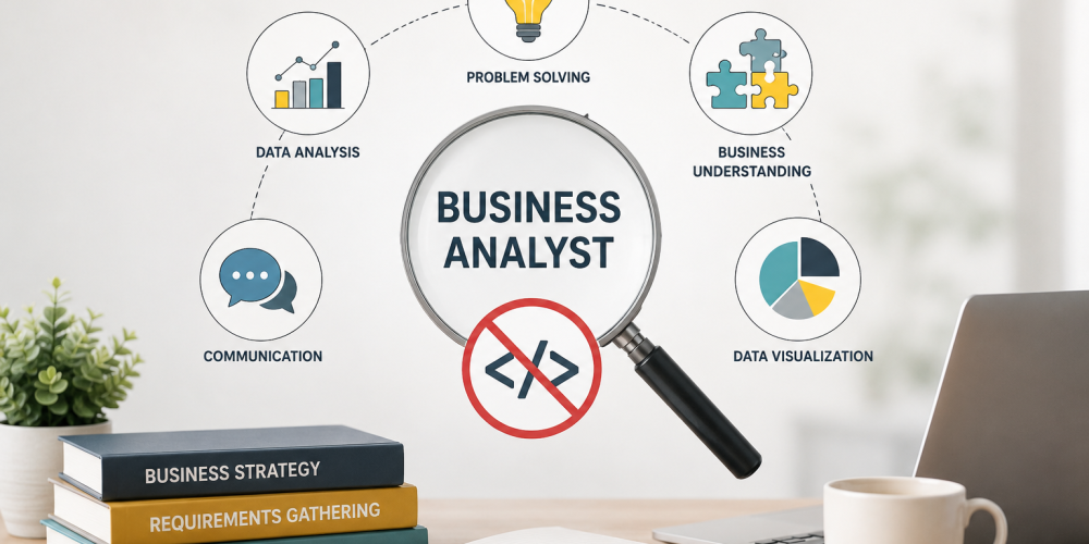 Business analyst course concept showing business analysis skills with a no coding symbol, illustrating that coding is not mandatory for aspiring business analysts at Venster School of Excellence.